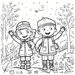ausmalbild-froehliche-kinder-im-herbst-mit-bunten-blaettern