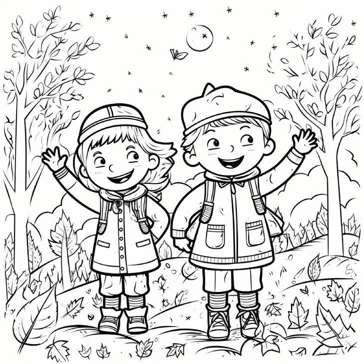 ausmalbild-froehliche-kinder-im-herbst-mit-bunten-blaettern