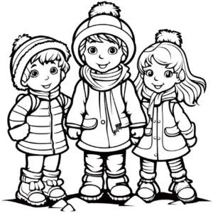 ausmalbild-fröhliche-kinder-im-winter-stehen-zusammen