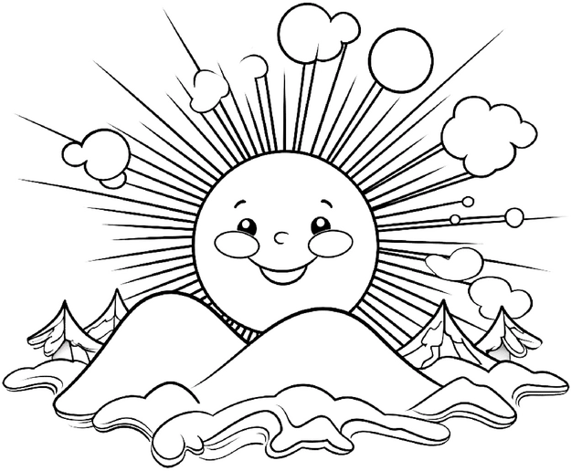 ausmalbild-froehliche-sonne-mit-huegeln-und-wolken