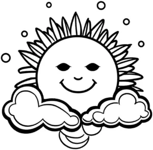 ausmalbild-froehliche-sonne-mit-wolken-und-strahlen