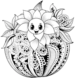 ausmalbild-froehliche-sonnenblume-mit-blumen-und-blaettern