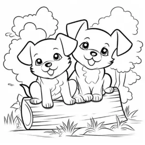 ausmalbild-froehliche-welpen-auf-baumstamm