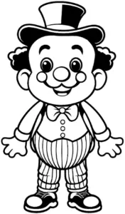 ausmalbild-froehlicher-clown-mit-hut-und-bunten-kleidern