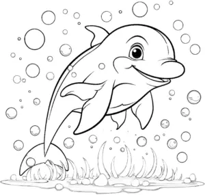 ausmalbild-froehlicher-delfin-mit-blasen-im-wasser
