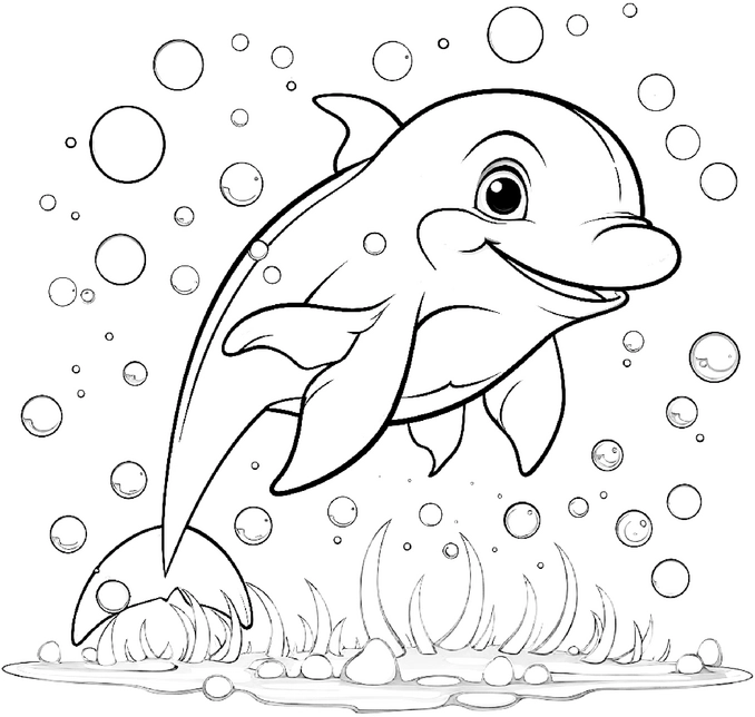 ausmalbild-froehlicher-delfin-mit-blasen-im-wasser
