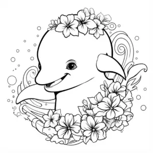 ausmalbild-froehlicher-delphin-mit-blumenkranz