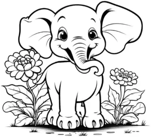 ausmalbild-froehlicher-elefant-blumenlandschaft