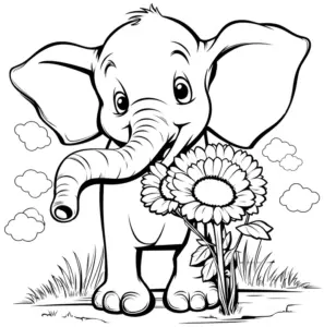 Ausmalbild fröhlicher Elefant mit Blume