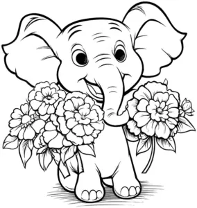 ausmalbild-froehlicher-elefant-mit-blumen