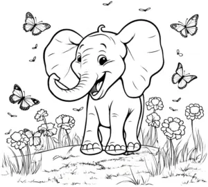ausmalbild-froehlicher-elefant-mit-schmetterlingen-und-blumen