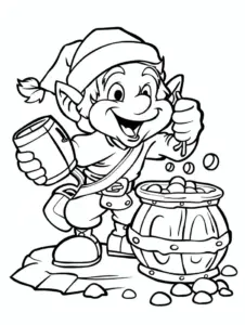 ausmalbild-froehlicher-elf-mit-fass-und-glueckssteinen