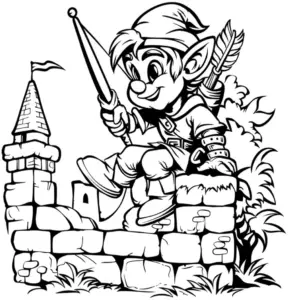 ausmalbild-froehlicher-elf-mit-regenschirm-und-burgruine
