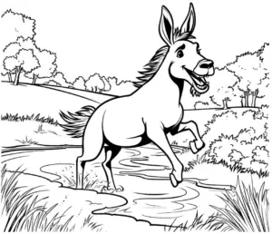 ausmalbild-froehlicher-esel-im-wasserlauf