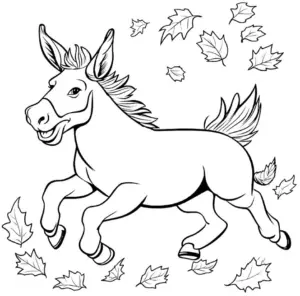Ausmalbild fröhlicher Esel mit herbstlichen Blättern