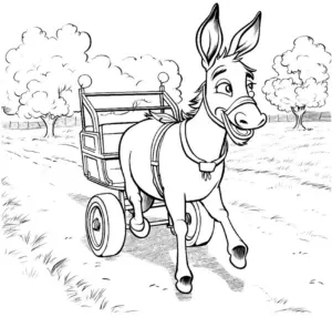 ausmalbild-froehlicher-esel-mit-wagen-in-laendlicher-umgebung