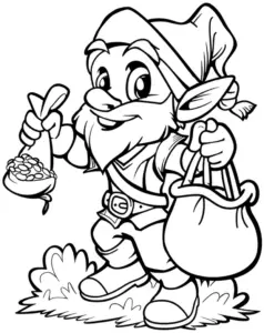 ausmalbild-froehlicher-gnom-mit-schaetzen-im-gras