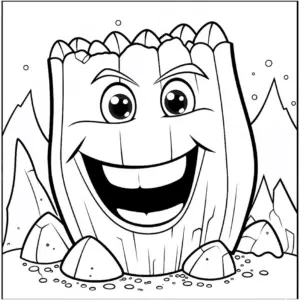 ausmalbild-froehlicher-holzstamm-mit-bergen