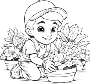 ausmalbild-fröhlicher-junge-mit-blumen-im-garten