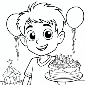 ausmalbild-fröhlicher-junge-mit-geburtstagstorte-und-ballons