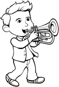 ausmalbild-fröhlicher-junge-mit-trompete