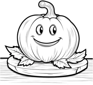 ausmalbild-froehlicher-kuerbis-auf-holzteller