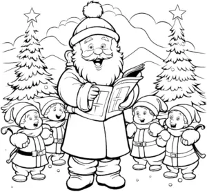 ausmalbild-froehlicher-nikolaus-mit-elfen-und-tannenbaeumen