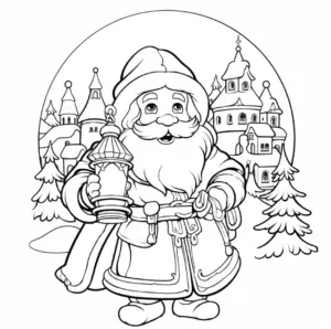 ausmalbild-froehlicher-nikolaus-mit-laterne-und-winterlandschaft