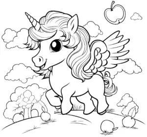 ausmalbild-fröhlicher-pegasus-mit-wolken-und-apfel
