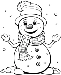 ausmalbild-froehlicher-schneemann-im-schnee-mit-hut-und-schal