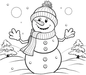 ausmalbild-fröhlicher-schneemann-mit-schneeflocken-und-bäumen