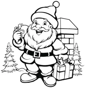 ausmalbild-froehlicher-weihnachtsmann-mit-geschenk-und-gloeckchen