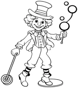 ausmalbild-fröhlicher-zirkus-clown-mit-zauberstab-und-blasen