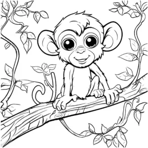 ausmalbild-fröhliches-aeffchen-auf-einem-baumstamm