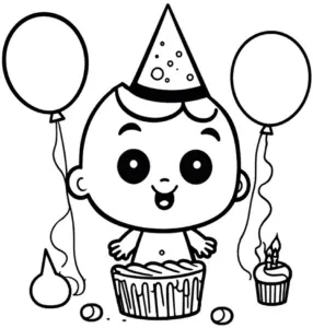 ausmalbild-froehliches-baby-mit-geburtstagstorte-und-luftballons