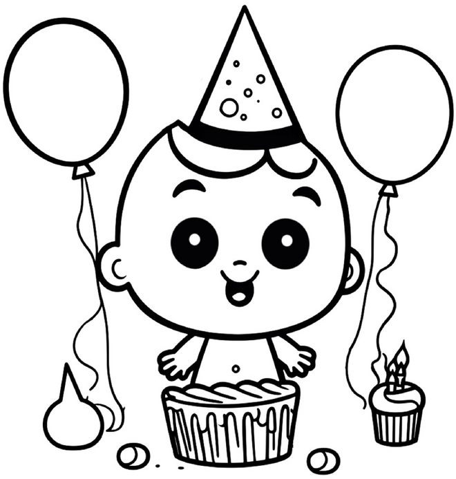 ausmalbild-froehliches-baby-mit-geburtstagstorte-und-luftballons