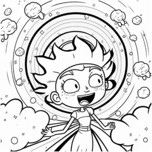 ausmalbild-fröhliches-kind-in-fantastischer-umgebung