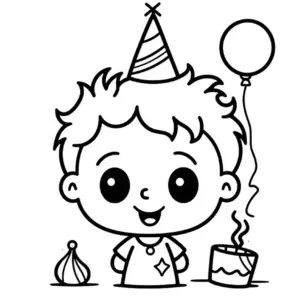 ausmalbild-froehliches-kind-mit-geburtstagshut-und-ballon