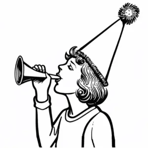 ausmalbild-froehliches-kind-mit-partzhut-und-schalmei