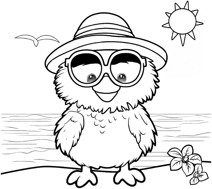 ausmalbild-fröhliches-küken-am-strand