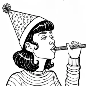 ausmalbild-froehliches-maedchen-mit-partyhut-und-trillerpfeife
