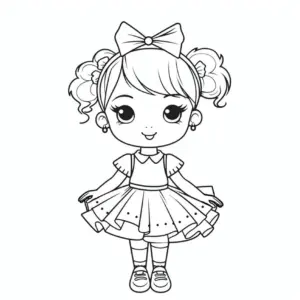 ausmalbild-froehliches-maedchen-mit-schleife-und-kleid