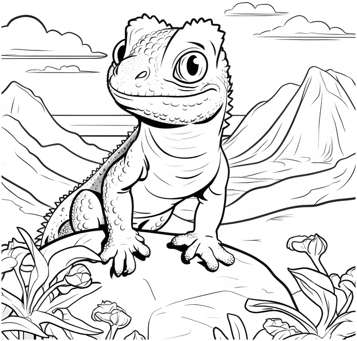 ausmalbild-froehliches-reptil-auf-einem-berggipfel