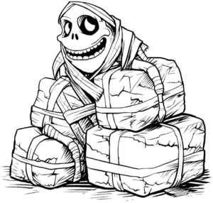ausmalbild-fröhliches-skelett-mit-geschenkpaketen
