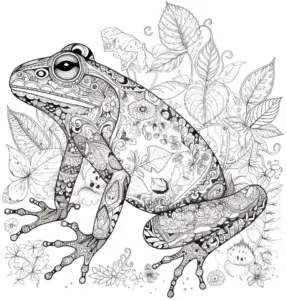 ausmalbild-frosch-mit-blumen-und-pflanzen