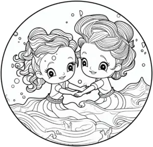 ausmalbild-fruehling-fröhliche-meerjungfrauen-im-wasser