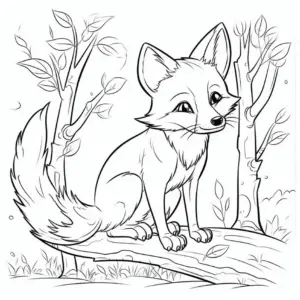 ausmalbild-fuchs-auf-baumstamm-mit-blaettern