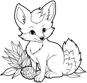 ausmalbild-fuchs-mit-tannenzapfen-und-pflanzen
