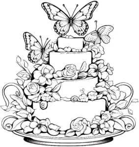 ausmalbild-geburtstagstorte-mit-blumen-und-schmetterlingen
