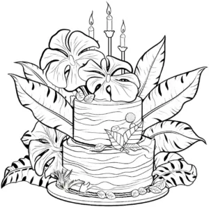 ausmalbild-geburtstagstorte-mit-pflanzen-und-kerzen